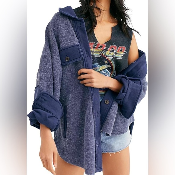 Free People Jacket Women's Size Large Oceania Blue Ruby Jacket oversized Shacket - Picture 15 of 17